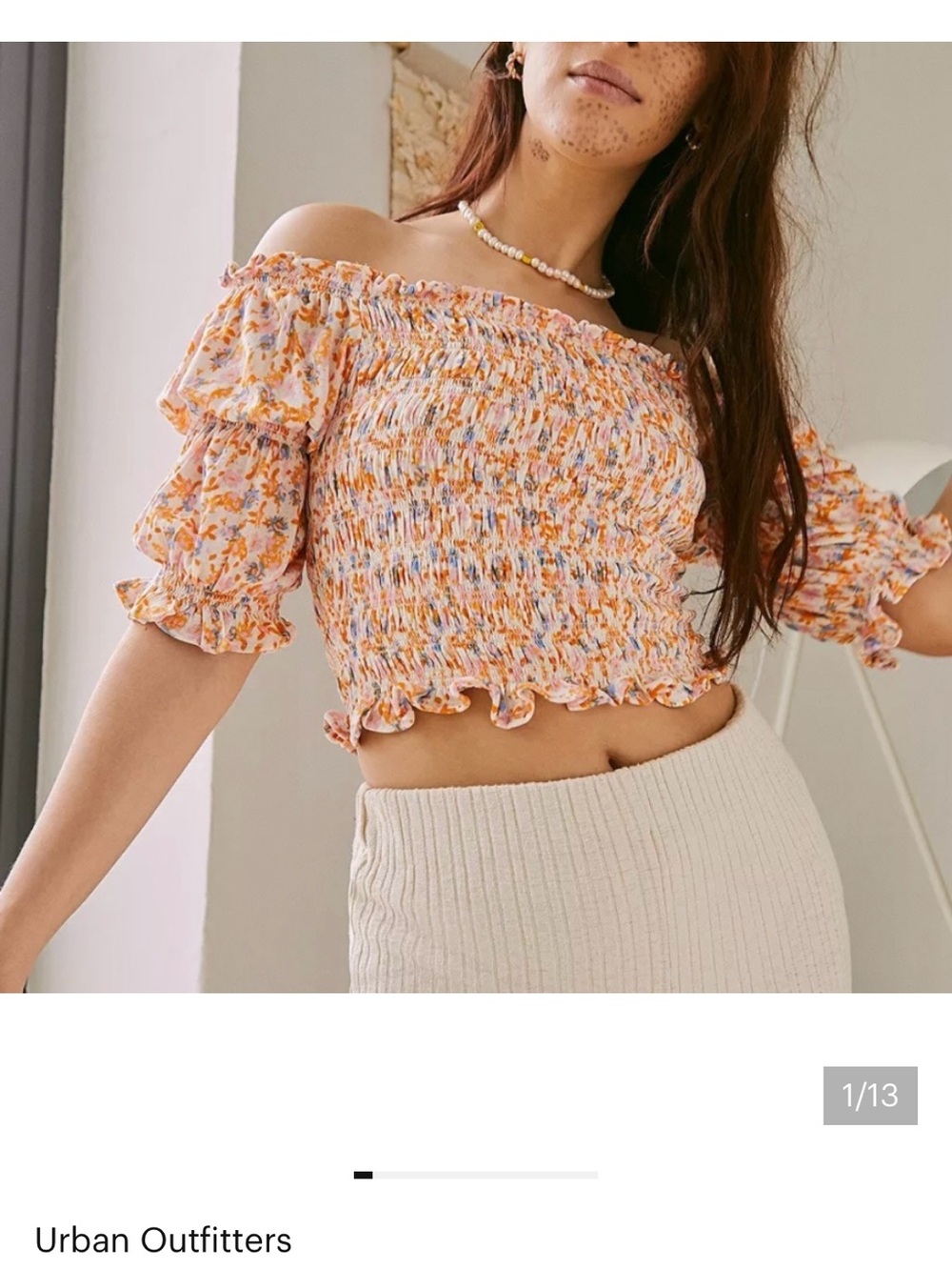 Urban Outfitters Orange Floral Smocked Off-Shoulder Crop Top with Ruffle Trim